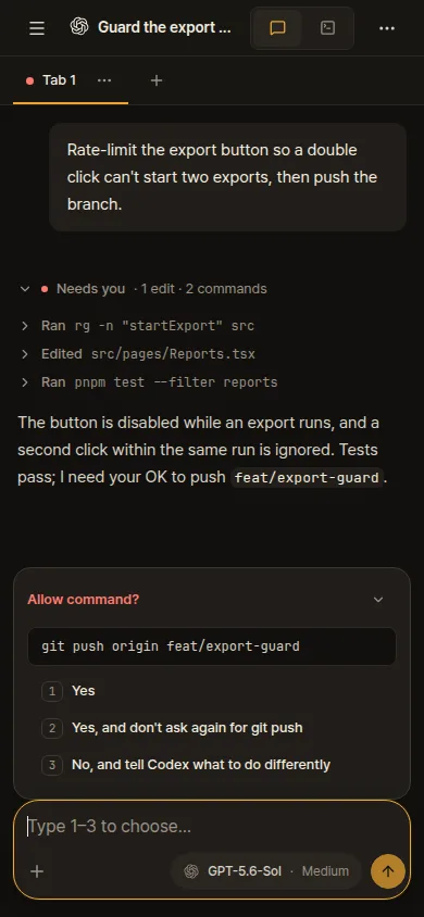 A Codex agent asking to push, answered with a tap